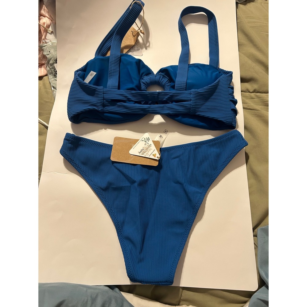 Berlook Blue Ribbed O-Ring Bikini Set NWT Swimwear Medium Coastal Resort - Picture 2 of 6